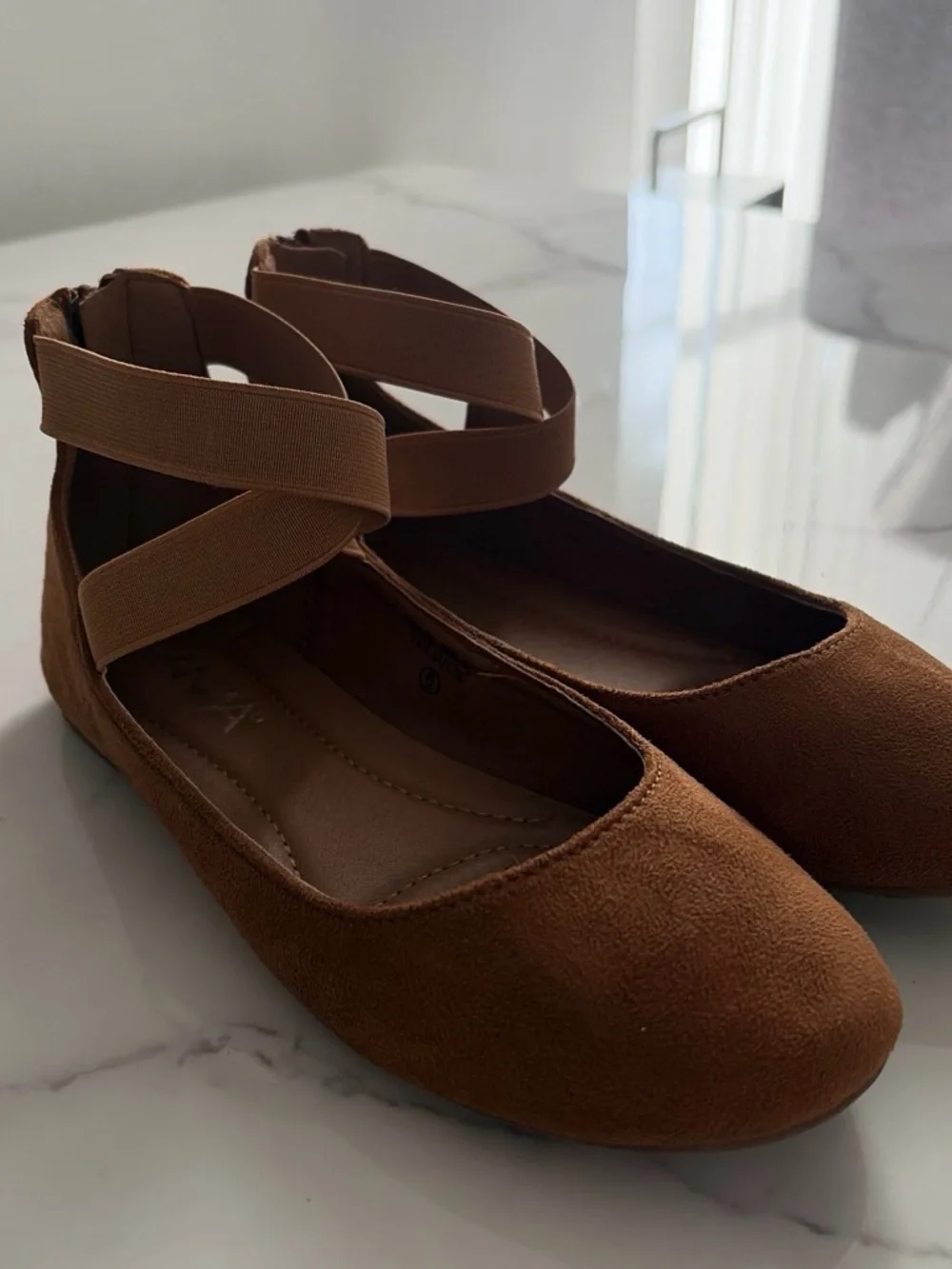 Anna Brown Suede-Look Ballet Flats with Cross Ankle Straps